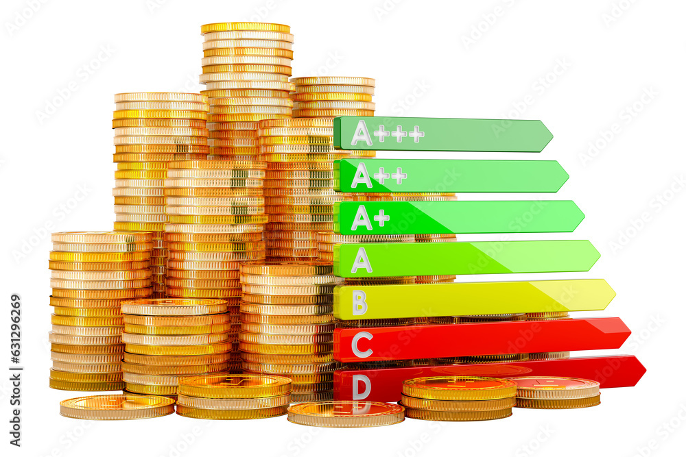 Aufkleber energy efficiency chart with golden coins, 3d rendering isolated on transparent background