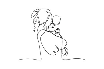 Baby sitter hungging baby, hand drawn doodles logo. Nanny minimalist concept. isolated vector illustration.