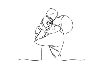 Baby sitter takes care of the baby, hand drawn doodles logo. Nanny minimalist concept. isolated vector illustration.