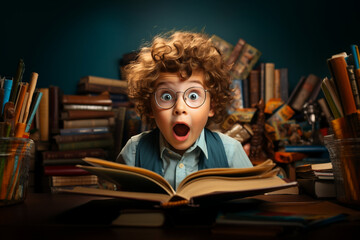 Shocked surprised elementary school kid boy in glasses looking at camera with school book opened, sitting at desk. showing promo offers, points away. Excited, shock, omg wow expression. Generative AI - obrazy, fototapety, plakaty
