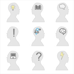 A modern set of human profile icons that display the processes of human thinking, brain features and emotions. A collection of silhouettes and symbols of the highest quality.