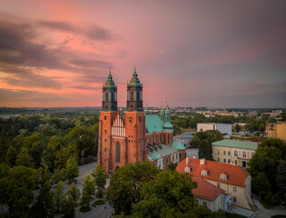 Aerial drone view of Cathedral Basilica of Saints Peter and Paul in Poznan. Ostrow Tumski