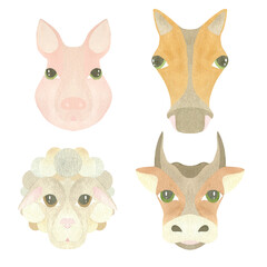 Watercolor set of cute animal faces - pig, sheep, cow and horse, highlighted on a white background. Illustration. A set OF ANIMAL FACES. For the design of postcards, textiles, tableware, printing