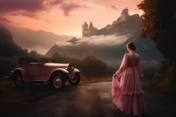 Zelfklevend Fotobehang Mysterious woman in pink car drives through enchanting landscapes., generative IA © Gabriel