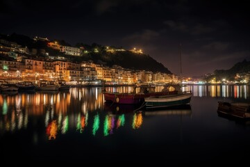 Fototapeta na wymiar Mystical night in Porto Venero: colorful houses, boats and lanterns on the waterfront., generative IA