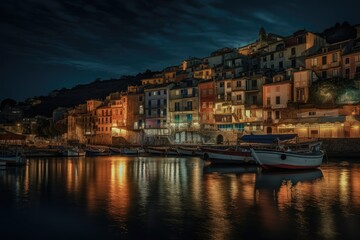 Mystical night in Porto Venero: colorful houses, boats and lanterns on the waterfront., generative IA