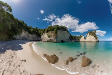Keuken foto achterwand Cathedral Cove Serene setting: Cathedral Cove beach in summer., generative IA