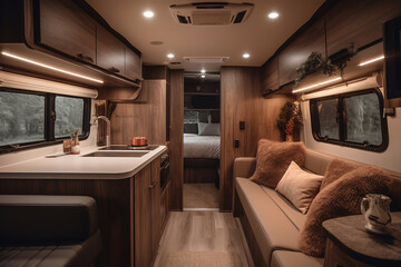 Relaxation areas for road travel. Travelling entertainment concept. Stylish Interior of motor home camping car, furnishing decor of salon area, comfortable modern caravan house design. Generative AI