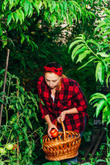 A girl in a red bandana and shirt is harvesting in the garden and vegetable garden