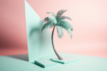 Exotic palm tree, pink paper, summer vacation., generative IA