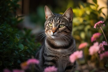 Naklejka na ściany i meble Curious cat posing in colorful garden., generative IA