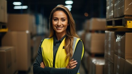 Portrait of a smiling woman from a work vest . logistics and business export. Generative ai