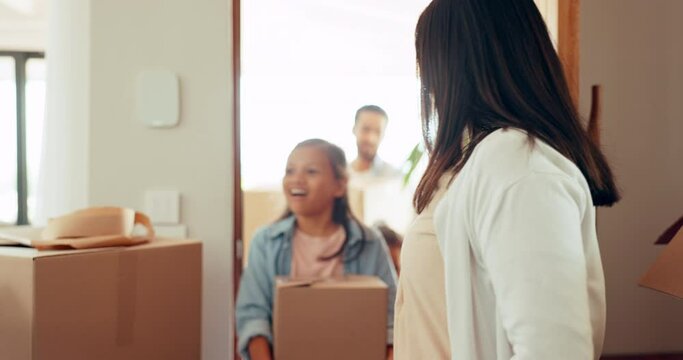Family, front door and moving with kids, boxes or parents in new house, investment and real estate. Mother, father and girl children with smile, cardboard package and fresh start together at property