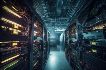 AI platform generating, cables connect - contemporary internet. Technological data center., generative IA