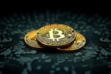 Detaled 3d Golden bitcoin cryptocurrency above blue dark digital background with digital circuit. Bitcoin and blockchain.
