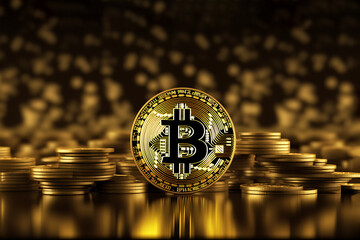 Bitcoin and blockchain. The Midas Touch: Gold Bitcoin Coin Adorned with Shimmering Gold Bitcoin Coins. Gold background