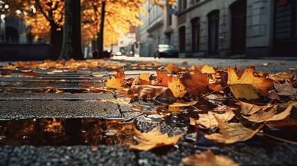 Abstract representation of autumn in the city, featuring falling leaves on pavement. Generative AI
