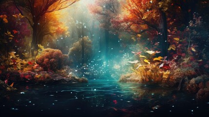 Fairy forest autumn background. Generative AI