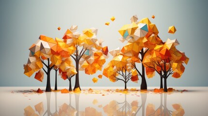 Abstract geometric shapes imitating an autumn scene with trees and falling leaves. Generative AI