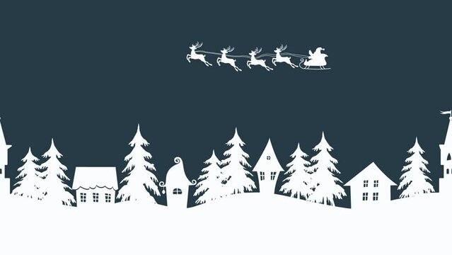 Christmas animation. Winter village. Fairy tale winter landscape. Santa Claus is riding across the sky on deer. White houses and fir trees on dark blue background