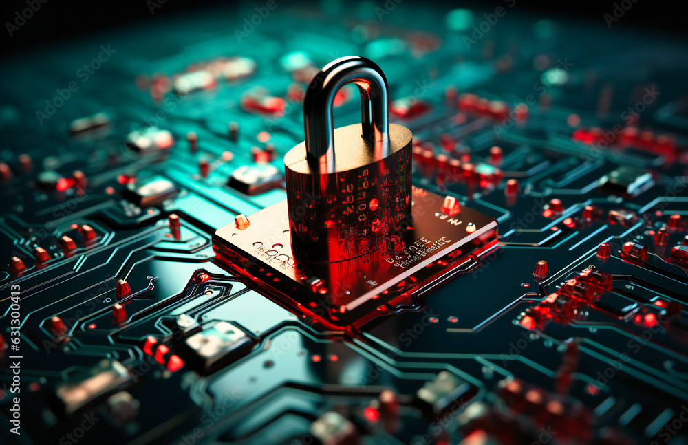 Poster a padlock on a computer circuit board
