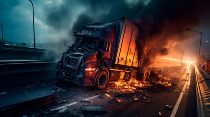Downed truck on the highway in the evening. generative AI