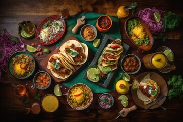 Colorful Mexican food on a yellow background. View from above., generative IA