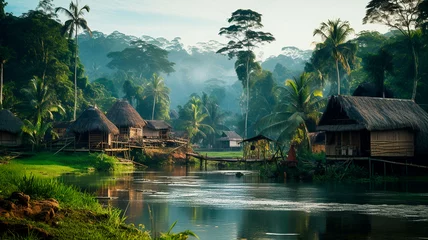 Keuken foto achterwand Tropical village on the river bank. generative AI © Aram