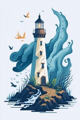 Cartoon lighthouse. AI generated illustration