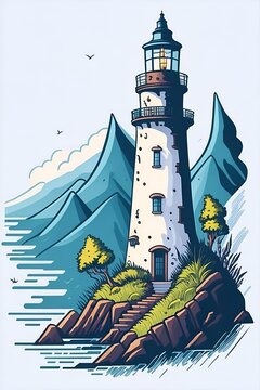 Cartoon lighthouse. AI generated illustration