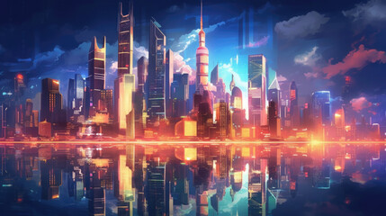 Fototapeta premium A city with a lot of tall buildings at night.