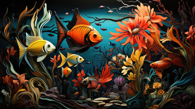 A pnting of a group of fish swimming in the ocean.