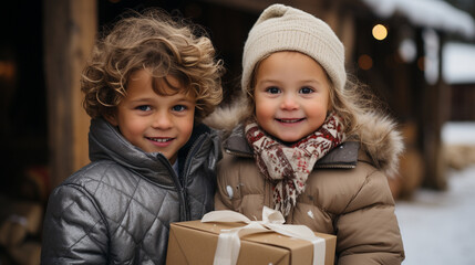 Cute Couple of Children Dressed Warmly Holding a Wrapped Christmas Gift Outdoors.