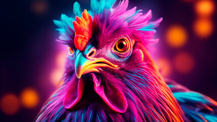 colorful illustration of abstract background with colorful head of cockck with feathers