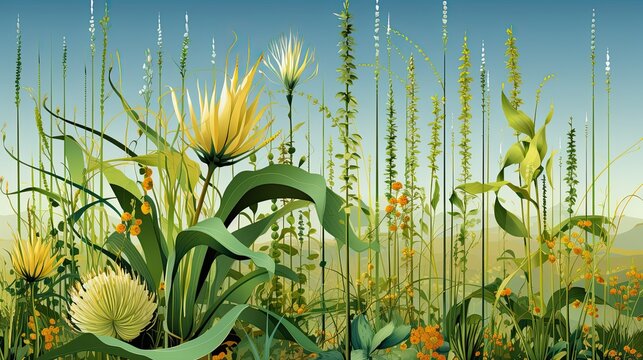 AI-generated illustration of grasses, forbs and flowers in summer. MidJourney.