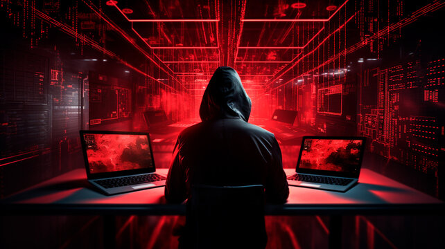 hacker with computer in dark office. generative AI