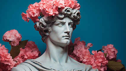 Antique bust of male with carnations bouquet in a hat
