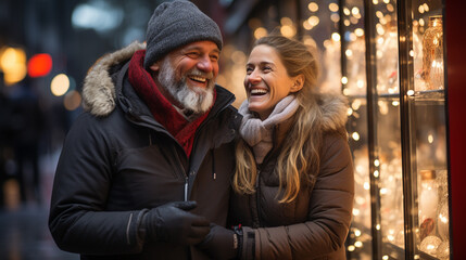Happy Middle-aged Couple Enjoying The Holiday Decorated Christmas Shops in the Village One Evening. Generative AI.