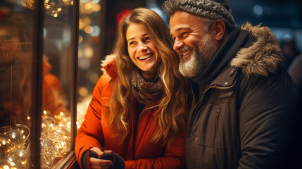 Fototapeta na wymiar Happy Middle-aged Couple Enjoying The Holiday Decorated Christmas Shops in the Village One Evening. Generative AI.