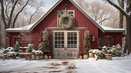 Red Barn, House or Shop Decorated for Christmas in a Beautiful Winter Snowy Scene. Generative AI.