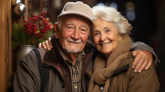 Affectionate Senior Couple Outdoor Portrait Wearing Warm Christmas Holiday Attire. Generative AI.