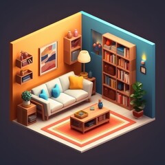 isometric low poly living room . Isometric living room interior 