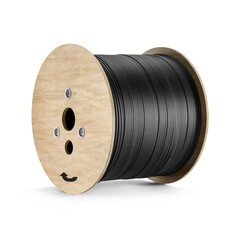 Black electric wire cable on wooden coil or spool isolated on white with shadow