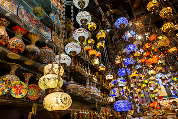 Variety of traditional vintage lanterns with an ornament in the tourist store in Dubai
