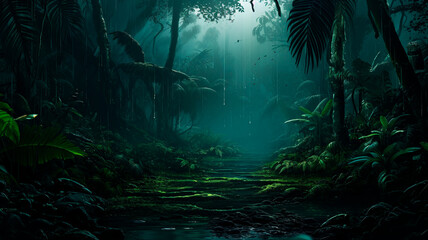 dark forest and tropical jungle landscape with dark fog. Generative AI