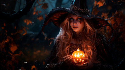 beautiful witch in the forest with pumpkin. Generative AI