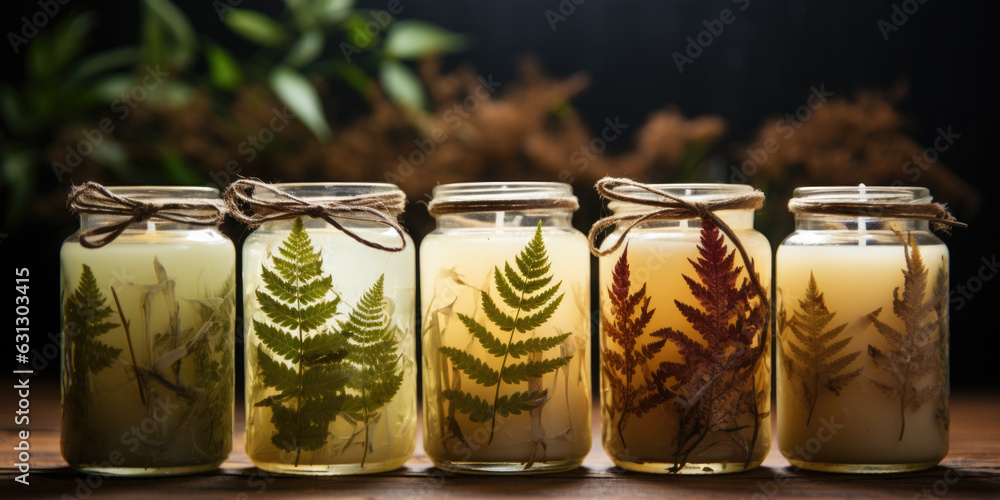 Poster a row of jars filled with different types of plants.