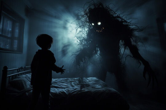 Nightmares, bad dreams. Terrible, scared, fear, unhappy, spooky, creepy and afraid. Childhood horrors, monsters, ghosts, devil. Dark, night, bedroom, bed and pilow