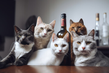 Meeting of domestic cats at the table