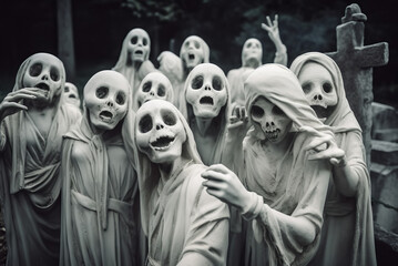 Fototapeta na wymiar Crowd of terrible ghosts in the night cemetery